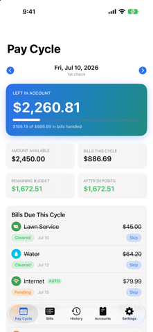 NextCheck Pay Cycle screen showing left in account, bills due this cycle, and deposits